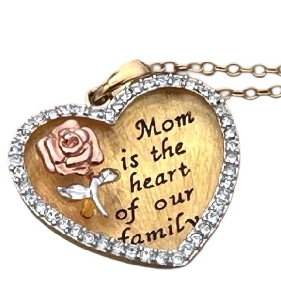 18KT Gold Plated Sterling Silver Crystal Concave Mom Rose Heart Pendant 4g - Picture 1 of 15